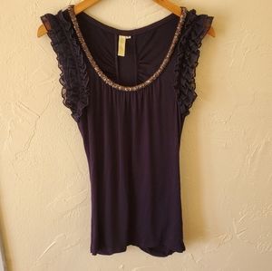 Bee Stitched Navy Blue Beaded Ruffled Ruched Sleeveless Blouse Shirt Size M